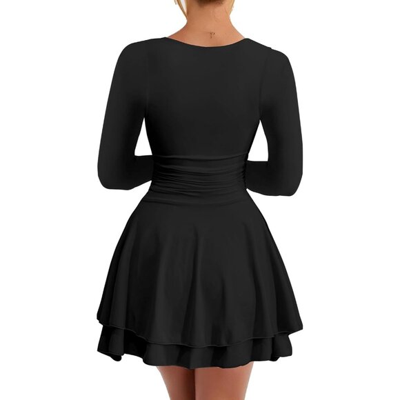 Women's Black V Neck Mini Dress Long Sleeve Ruched A Line party wear - Picture 2 of 5